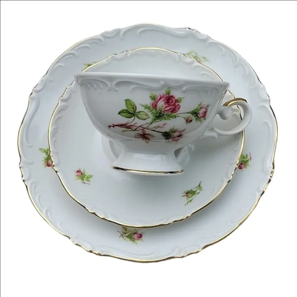 Antique Johann Seltmann Vohenstraus Bavaria Porcelain Tea Cup Trio Rose Gold